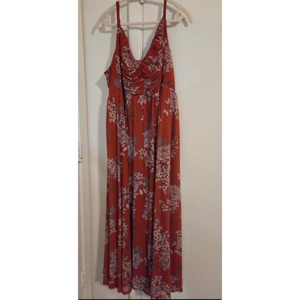 Torrid Rust Orange Floral Ruched V-Neck Maxi Dress Plus Size 3 3X Boho Smocked